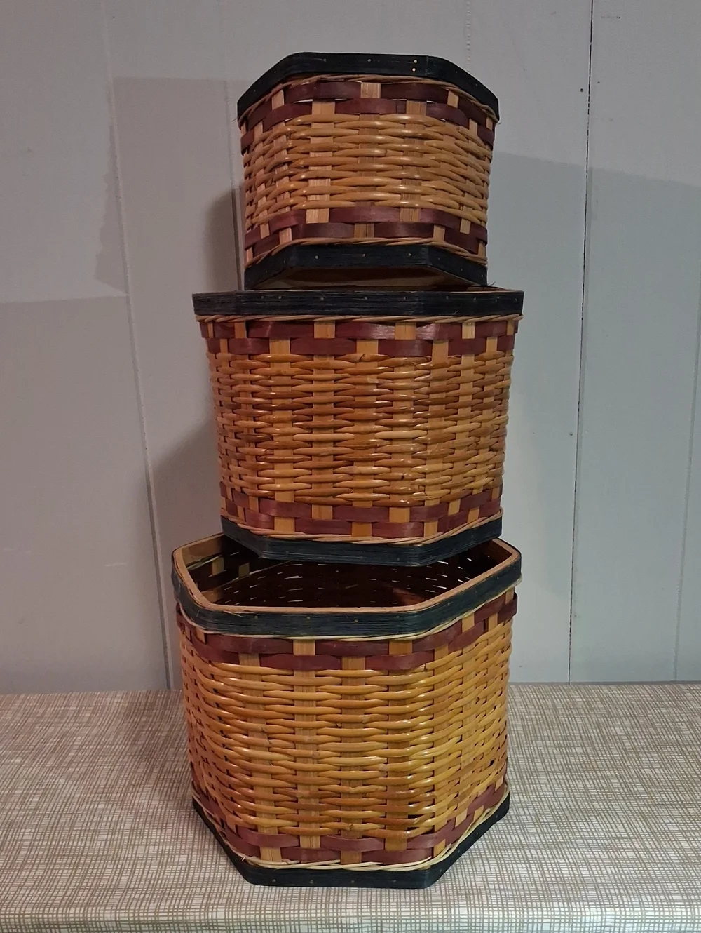 Vintage Woven Hexagonal Nesting Basket Set - Natural, Red, Blue